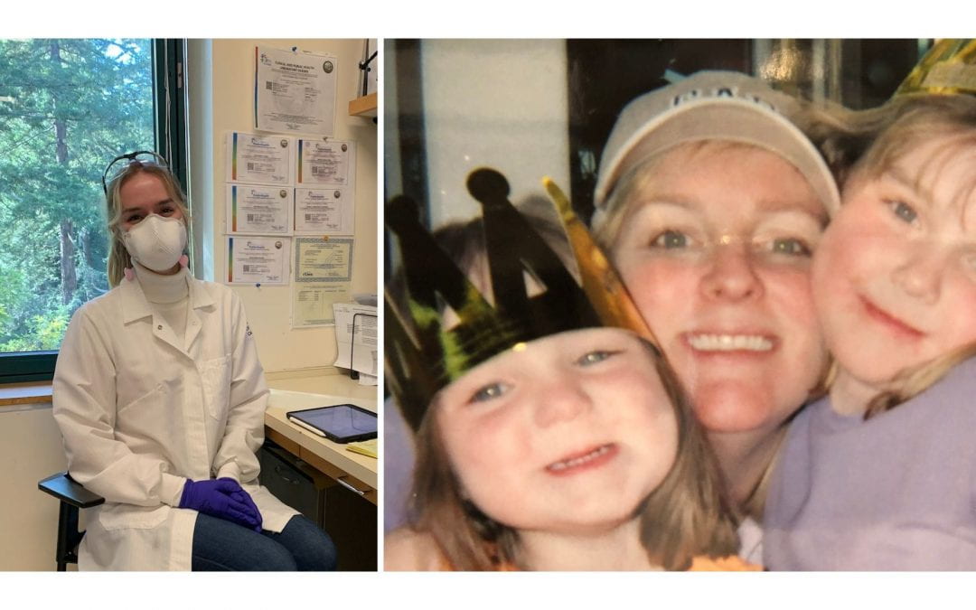 Pictured on the left is Molly McCabe in a lab setting and pictured on the right is McCabe with her late mother.